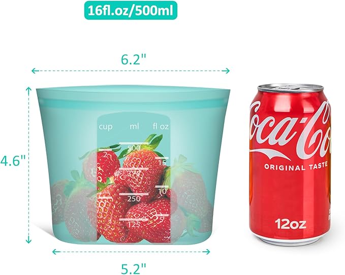 Reusable Snack Bags, 1 Pack, Stand Up 100% Silicone Reusable Storage Bag, Ziplock Silicone Food Storage Containers Snack Size, Freezer Microwave Oven Dishwasher Safe, Aqua, 16oz