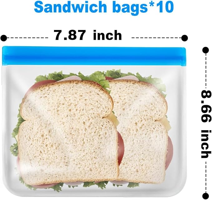 10 Pack Reusable Sandwich Bag Dishwasher Safe, Silicone Leakproof Reusable Freezer Bags, BPA Free Reusable Food Storage Bags for Candy, Snack, Cereal, Travel Items, Home Organization