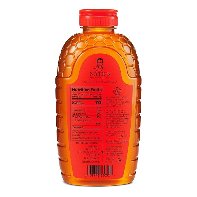 Nate's 100% Pure, Raw & Unfiltered Honey - Award-Winning Taste, 32oz. Squeeze Bottle