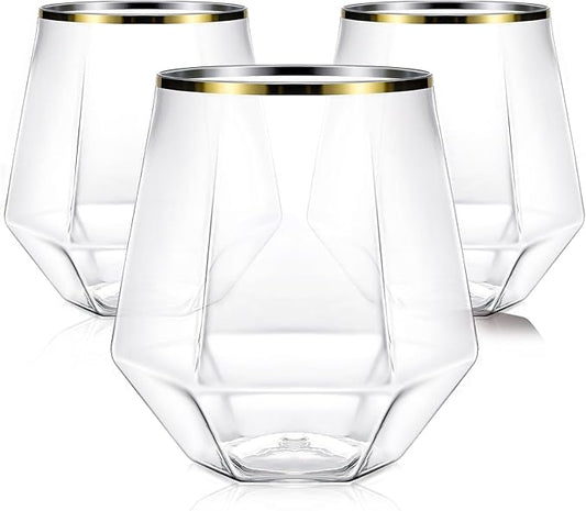 40 Pcak Plastic Stemless Wine cocktail Whiskey Champagne Glasses, 12 Oz Gold Rim Disposable Clear Unbreakable Cups for Party Bars Wedding Tasting (Diamond-shaped)
