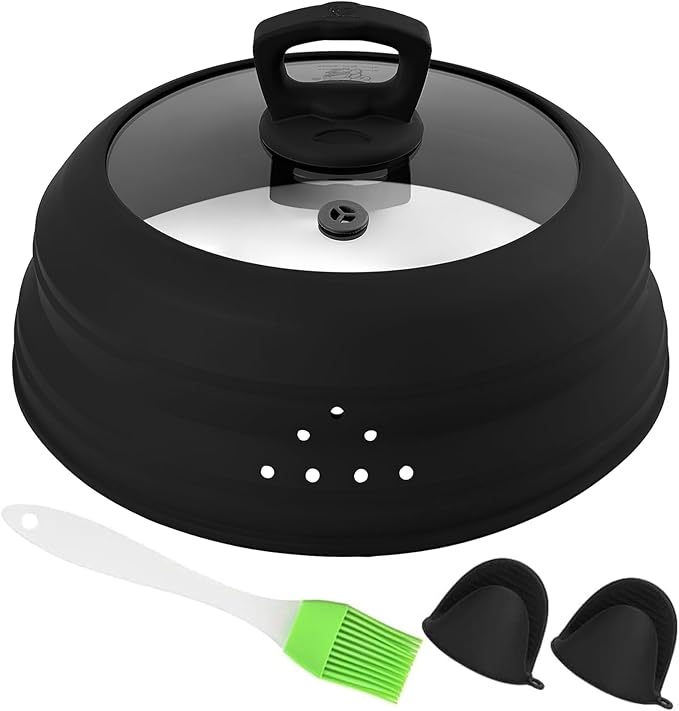 Microwave Splatter Cover Glass 10.5 Inch Microwave Cover for Food with Handle Collapsible Silicone Microwave Cover with Steam Vent for Pot Plate Bowl (Black)