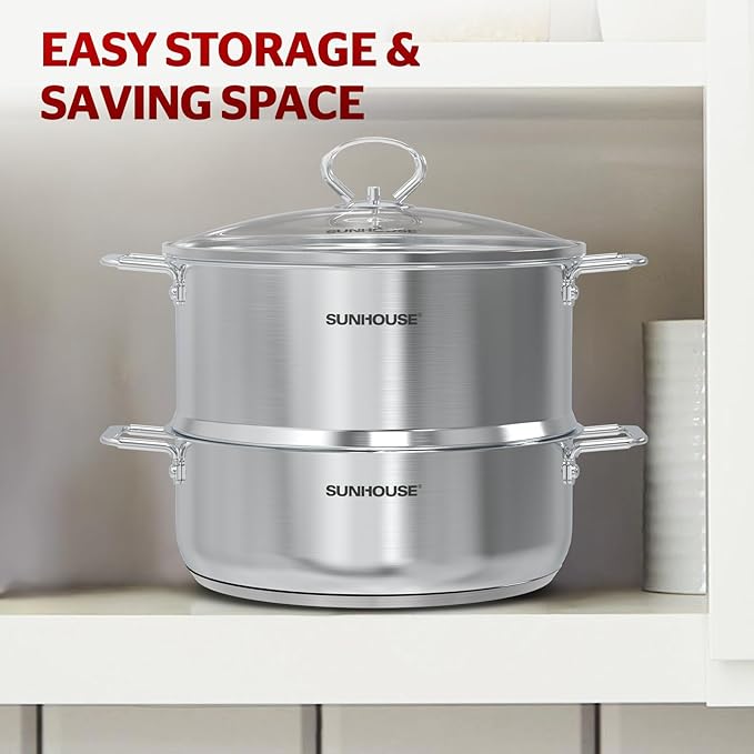 [New Version] Sunhouse 2-Tier Stainless Steel Steamer Pot with Lid - Larger 5.5 QT Steamer & 3.8 QT Stockpot Base - Induction Ready, Compatible with All Cooktops