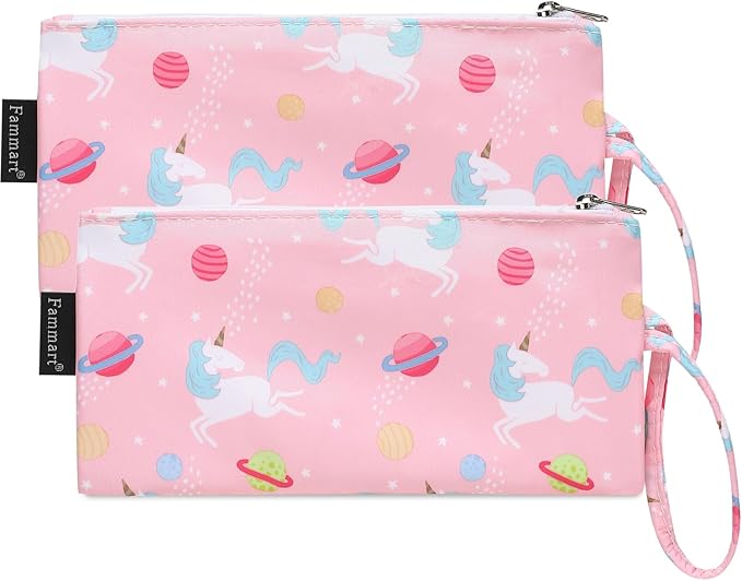 Reusable Sandwich Bag/Snack Bag for Kids & Adults, Dual Layer Lunch Bag with Handle, Washable, Food Safe, BPA Free (2-Pack, Planet Unicorn)