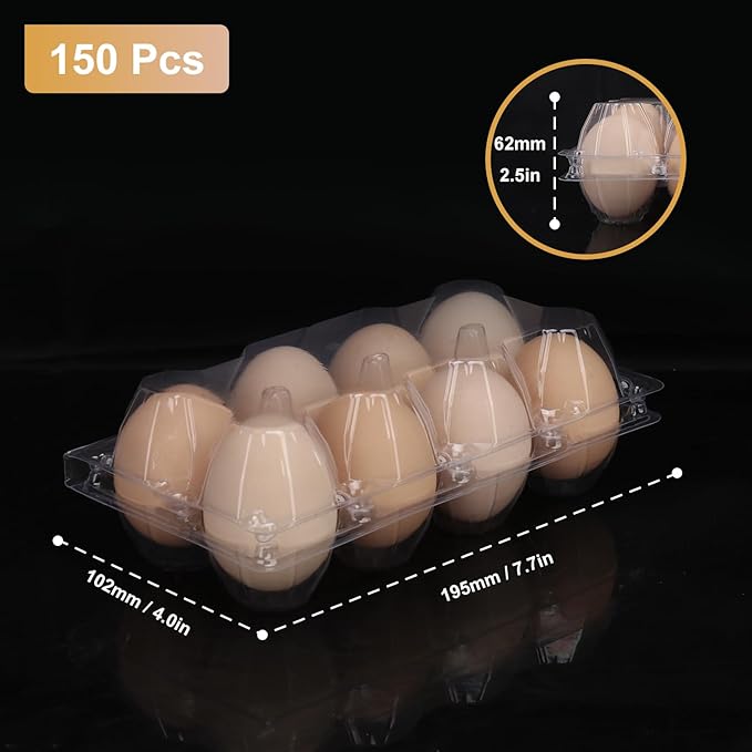 150 Pack Bulk Egg Cartons, Clear Plastic Chicken Egg Holders, Egg Tray Carton Holder for Home & Kitchen, Farm & Market Use, An Eco-Friendly Egg Storage Solution, 8 Grids，(Medium Size)…