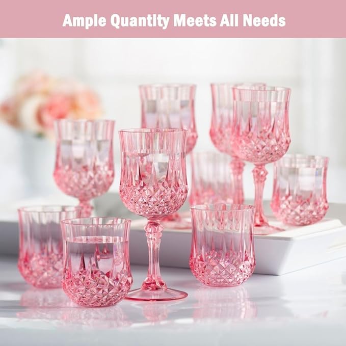 Plastic Wine Glasses，Plastic Goblets Vintage Style Cordial Drinking Glasses for Wedding Reception, Grand Event Party Supplies (100, Pink)