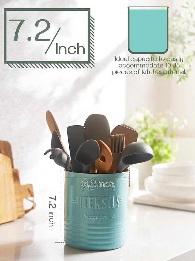 DOWAN 7.2″ Extra Large Kitchen Utensil Holder - Farmhouse Utensil Holder for Countertop - Ceramic Utensil Crock with Protection Cork Mat - Kitchen Decor & Housewarming Gift (Turquoise)