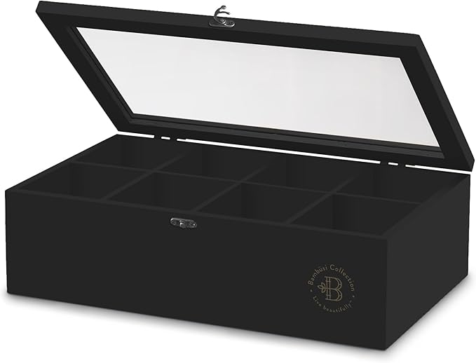 Bambüsi Tea Bag Organizer - Bamboo Tea Box Organizer Storage Box, Tea Bag Holder with Acrylic Window, Magnetic Lid Keeps Tea Bags Fresh - Ideal Gifts Tea Organizer Caddy (Tea Not Included) - Black
