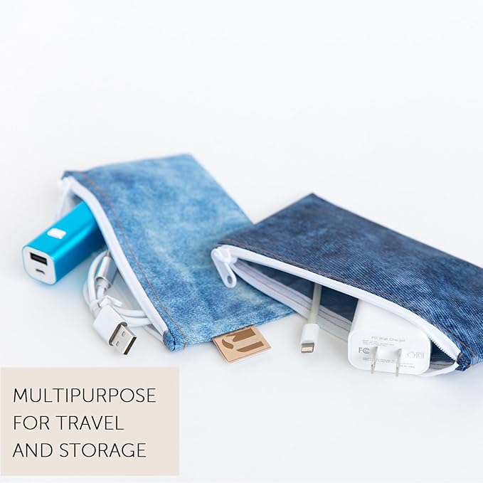 Roamio Reusable Sandwich and Snack Bags, for Kids School Lunch and for Adults Portion, Washable Fabric, Waterproof Cloth Zip Bag, Pack Travel Pouch, Food-Safe Storage, 4-pack Set Faux Denim On Denim