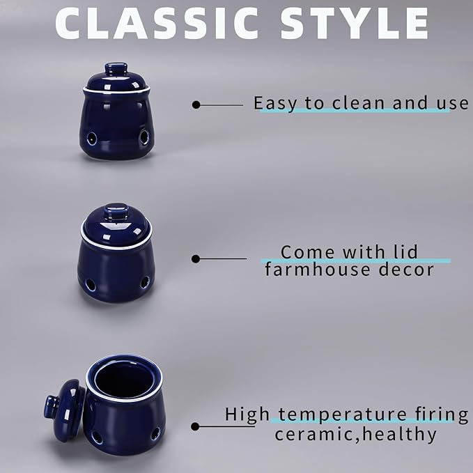 HAOTOP Ceramic Mini Garlic Keeper with Lid, Garlic Container Saver for Countertop, Keep Your Garlic Cloves Fresh (Navy)