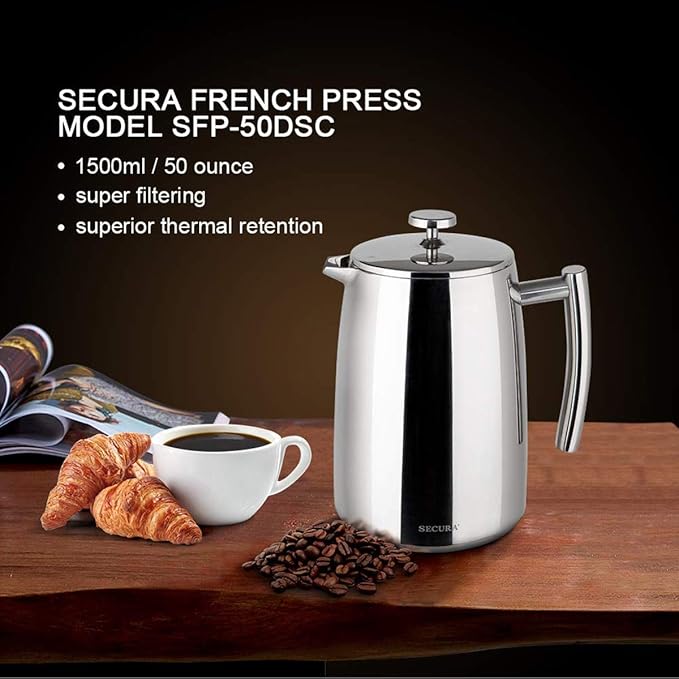 Secura French Press Coffee Maker, 50-Ounce, 304 Stainless Steel Insulated Coffee Press with Extra Screen