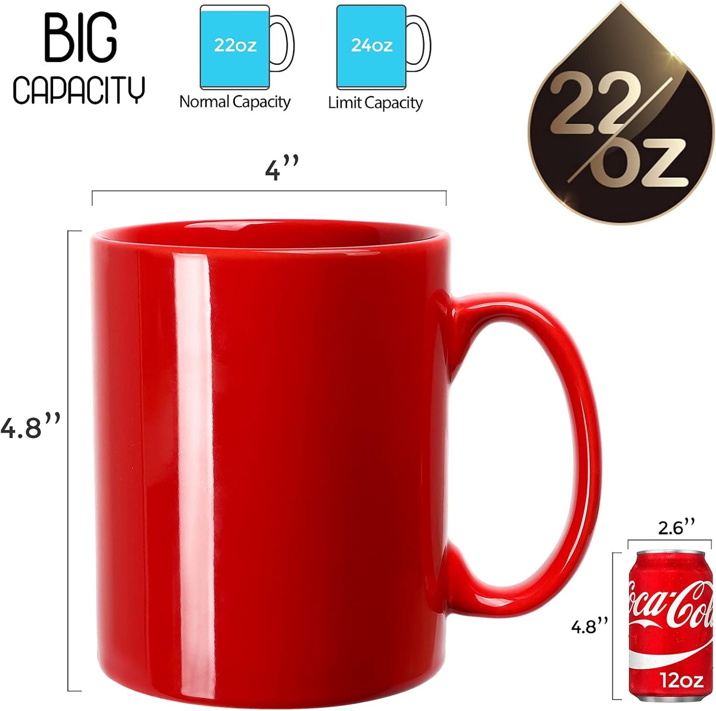 Large Coffee Mugs, 22 OZ(650ml) Extra Coffee Mug Set of 2, Smooth Ceramic Boss Cups, Big Capacity and Large Handle, for Dad Men, Red