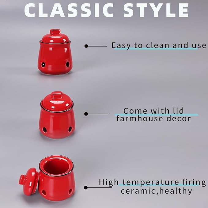 HAOTOP Ceramic Mini Garlic Keeper with Lid, Garlic Container Saver for Countertop, Keep Your Garlic Cloves Fresh (Red)