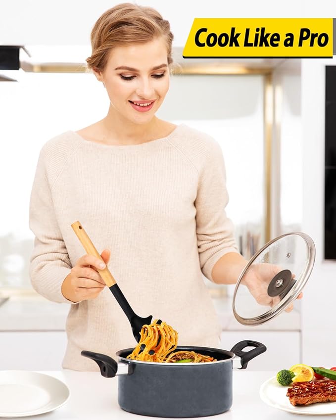 Pack of 2 Spaghetti Spoon, Silicone Pasta Fork with Wooden Handle, Heat Resistant Noodle Spoon Server, BPA Free Spaghetti Strainer(BLACK-RED)