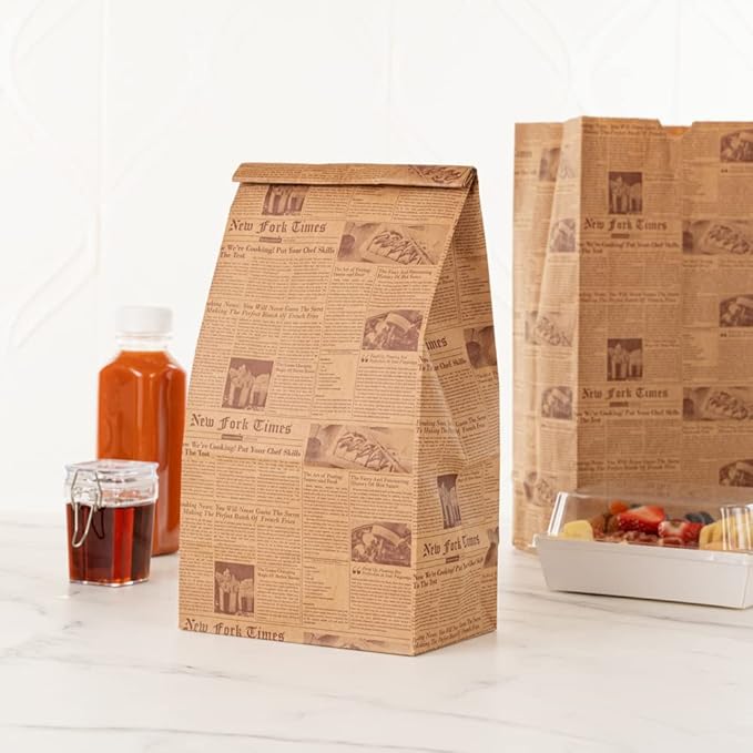 Restaurantware Bag Tek 8 Lb Disposable Lunch Bags 100 Sturdy Take Out Bags - Flat Bottom Microwavable Kraft Newsprint Design Paper Bags Freezable Great For Restaurants Cafes And Bakeries