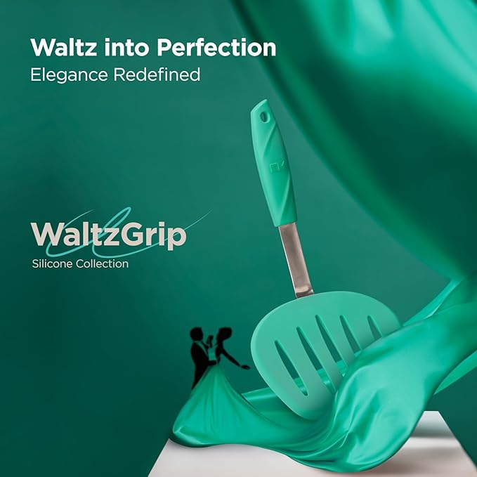 Kitchen Mama WaltzGrip Platinum Silicone Pancake Spatula Turner: Heat Resistant Flexible, Stainless Steel Core, Nonstick, Dishwasher Safe, Flipper – Ideal Kitchen Cookware for Eggs, Fish, Meat (Teal)