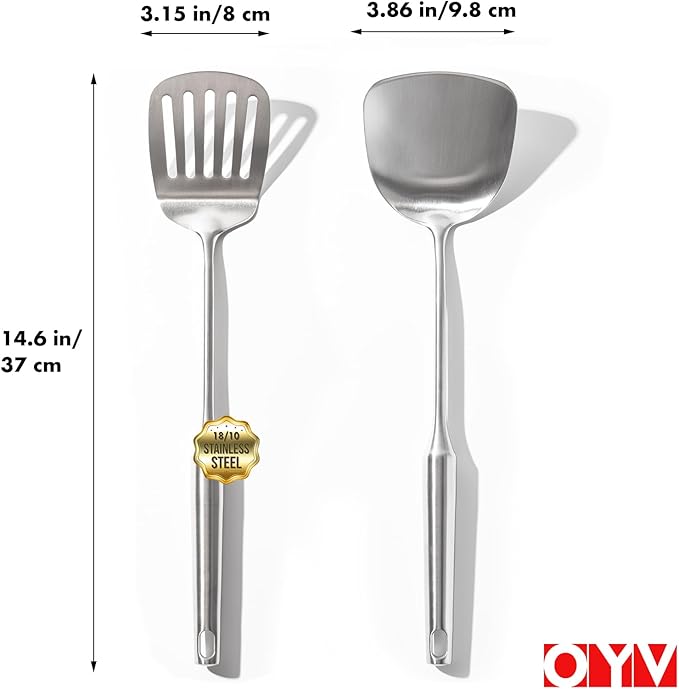 18/10 Stainless Steel Spatula Set - 15" Metal Spatulas for Kitchen Use, 1 Slotted Spatula + 1 Solid Turner, Heat Resistant Metal Cooking Utensils, Dishwasher Safe, Silver