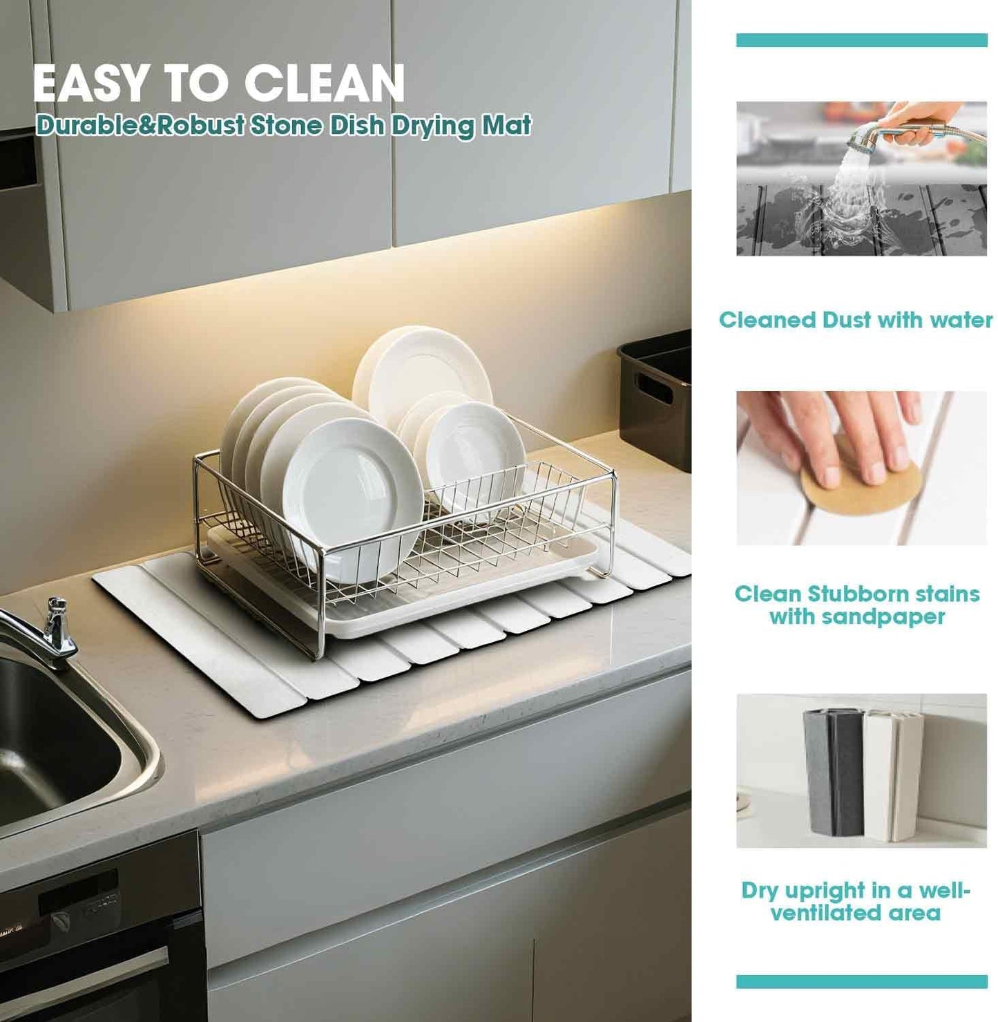 Dish Drying Mat Stone Bath Mat Diatomaceous Earth Stone Drying Mat For Kitchen Counter Sink Bath Mat Quick Dry Non Slip Foldable Dish Drying Rack Mat Large(24"×16" White)