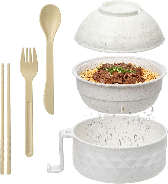 Ramen Bowl Set,Microwave Ramen Cooker Instant Noodles Bowl with Chopsticks Spoon,Rapid Ramen Noodle Bowl, Portable Noodle Bowls,for Home Office Dorm Room College gift(Beige)
