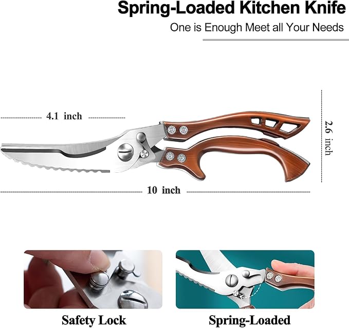 Poultry Shears Heavy Duty Professional, Multipurpose Kitchen Shears with Sheath, Spring-Loaded Stainless Steel Chef Scissors Cutting Bone, Chicken, Fish, Food, Meat, Full Steel Handle Brown