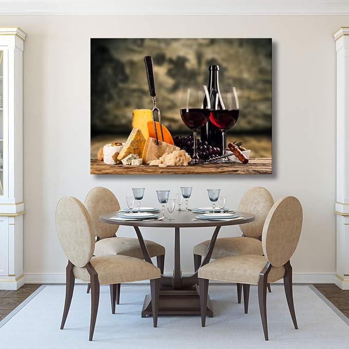 Looife Kitchen Still Life Canvas Wall Art, 30x20 Inch Gallery Wrapped Red Wine with Cheese Picture Prints Wall Decor, Food Art Deco for Dining Room and Bar Decoration