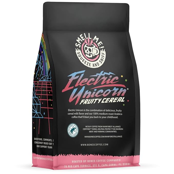 Bones Coffee Company Electric Unicorn, Fruity Cereal With Milk Flavored Coffee, Medium Roast Low Acid Arabica Beans Compatible with Auto drip and French Press Coffee Maker, 12 Oz Whole Bean