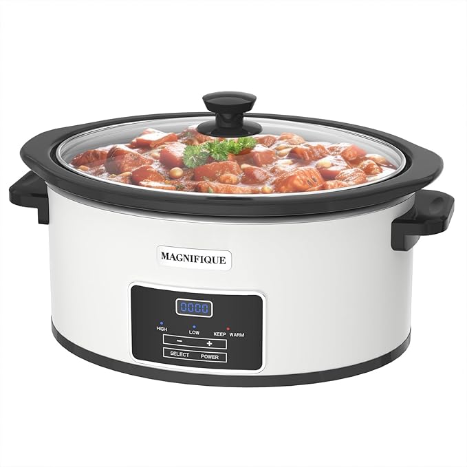 7-Quart Programmable Slow Cooker with Timer Keep Warm - Small Kitchen Appliance for Family Dinners - Serves 6+ People - Heat Settings: Keep Warm(White, Black Liner)