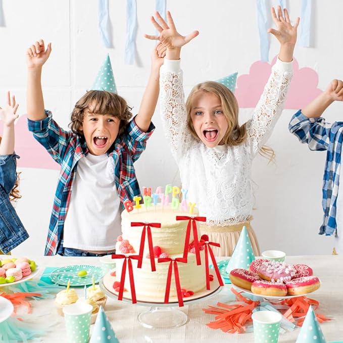 Bow Cake Toppers, 10 Pcs Large Red Bows Cupcake Toppers Themed Party Decorations, Red Birthday Cake Decorations for Wedding Baby Shower Party Supplies