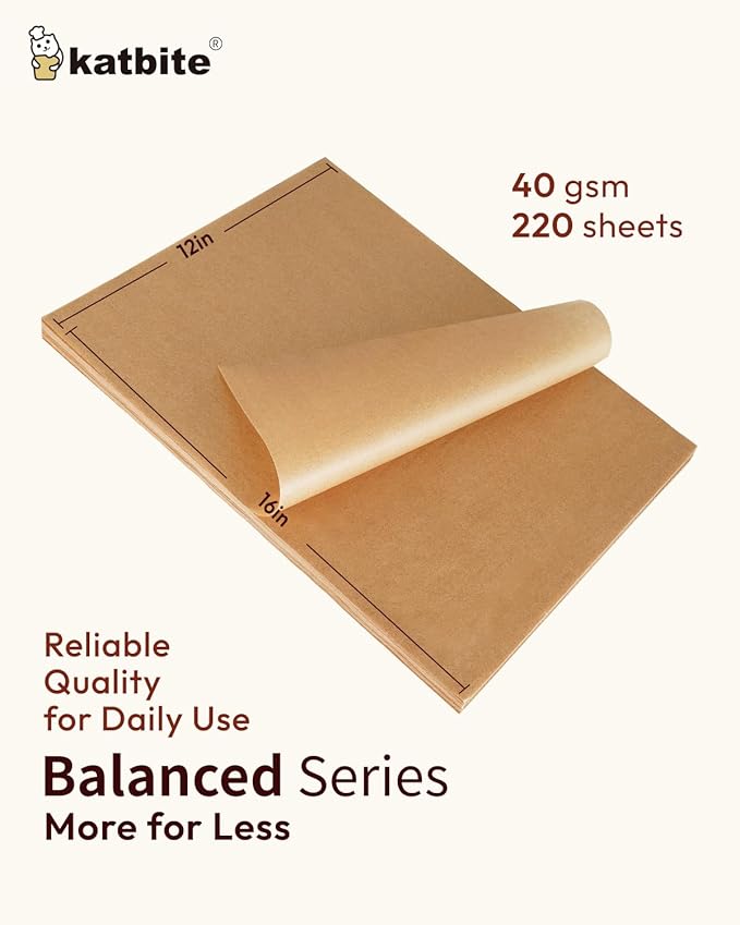 Katbite 220 Pcs Parchment Paper Sheets, 12x16 Inches Unbleached Baking Paper Non-Stick for Gently Baking, Pre-cut Parchment Paper Suitable for Baking, Cooking,Air Fryer [Balanced Series]