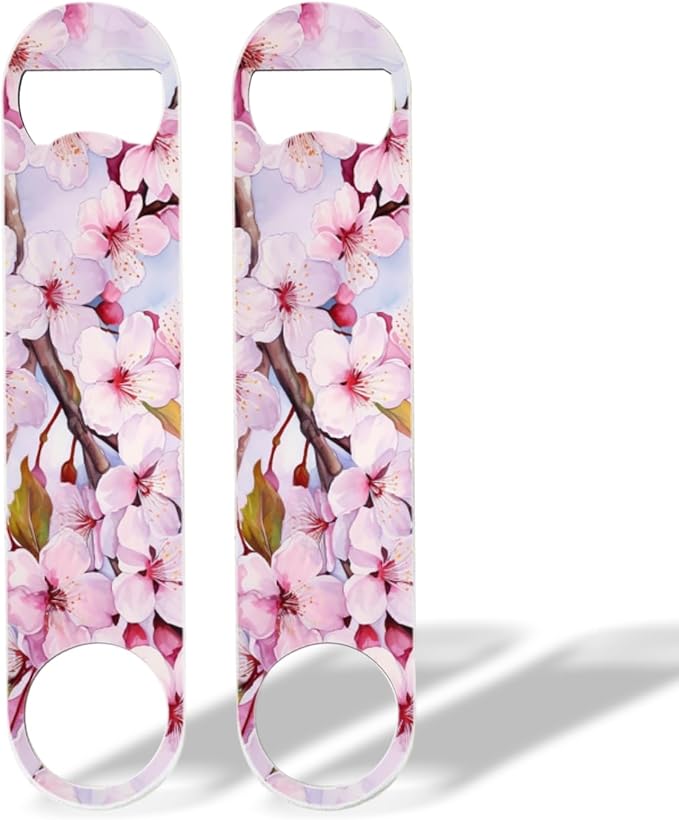 2 PACK Beer Bottle Opener, Stainless Steel Flat Bottle Openers,7 inch Metal Decor,Cherry Blossoms With Pink Petals