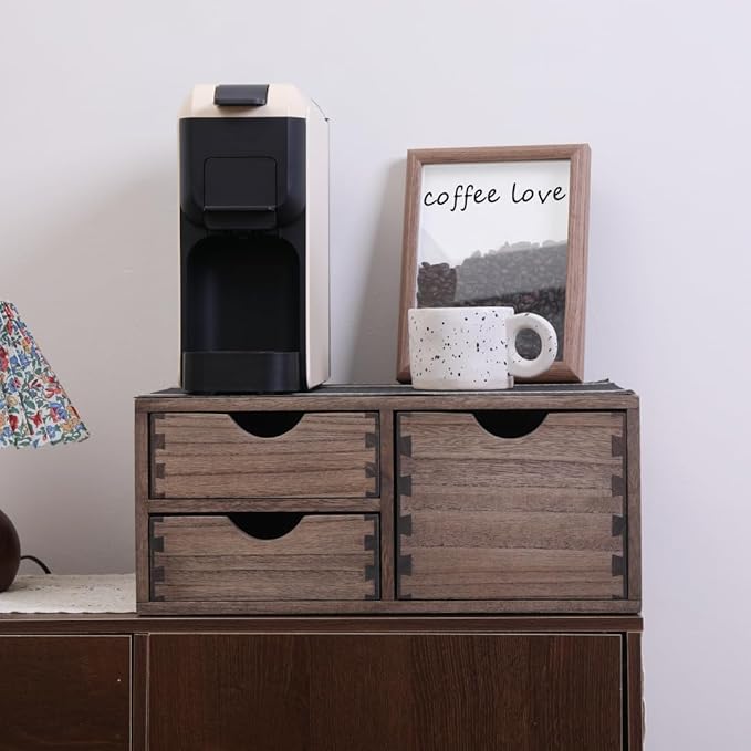 Coffee Pods Storage Drawer Holder for Capsules - Multi Functional Desk Organizer Drawers For K-Cup Coffee Maker Brew - Kitchen Mini Wooden Box Chest Sideboard Counter Organization CF2D3C Dark