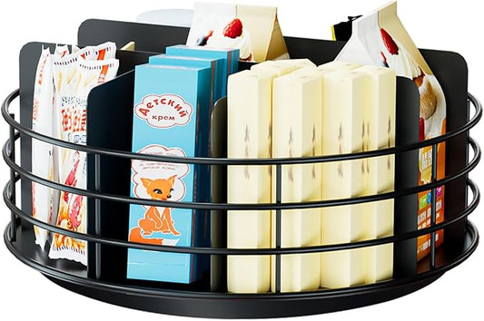 Snack Organizer - Versatile Snack Storage, Lazy Susan with Convenient Grab-and-Go Design, Metal Snack Holder for Home, Office, Breakroom, 10.85" L x 10.85" W x 5" H (Matte Black)