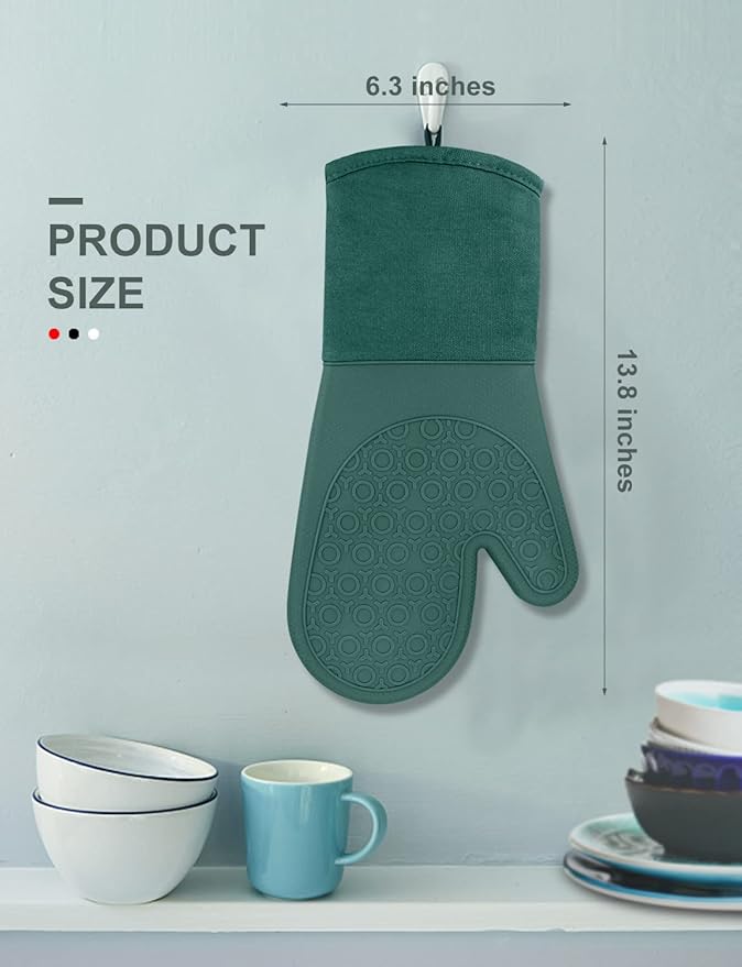 sungwoo Silicone Oven Mitts, Heat Resistant Oven Gloves with Quilted Liner Non-Slip Textured Grip Perfect for BBQ, Baking, Cooking and Grilling - 1 Pair 13.8 Inch Midnight Green
