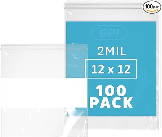 12" x 12" Large Zip Bags, 2 Mil Thick Clear Plastic Reclosable Zipper Lock Bags with Write-on White Block, with Resealable Zip Top Lock for Food Storage & Office Supplies, 100 Count