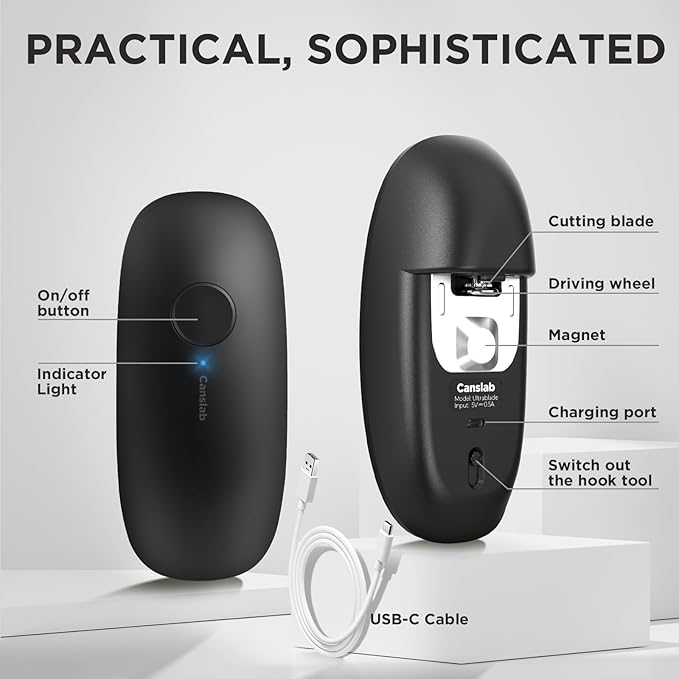 Ultrablde SE - USB Rechargeable Electric Can Opener for Kitchen for Seniors with Arthritis- Cordless Battery Powered Automatic, Side Cut, Smooth Edge, Handsfree, for Small or Large Cans, Grey