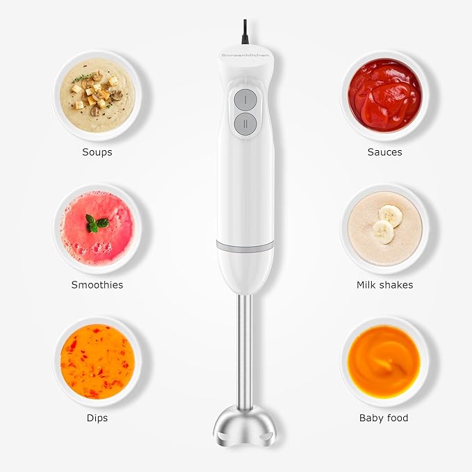 Bonsenkitchen Hand Blender, Immersion Blender with 2 Mixing Speed, 2-In-1 Hand Held Stick Mixer with Beaker for Soups, Smoothies, Sauce, White