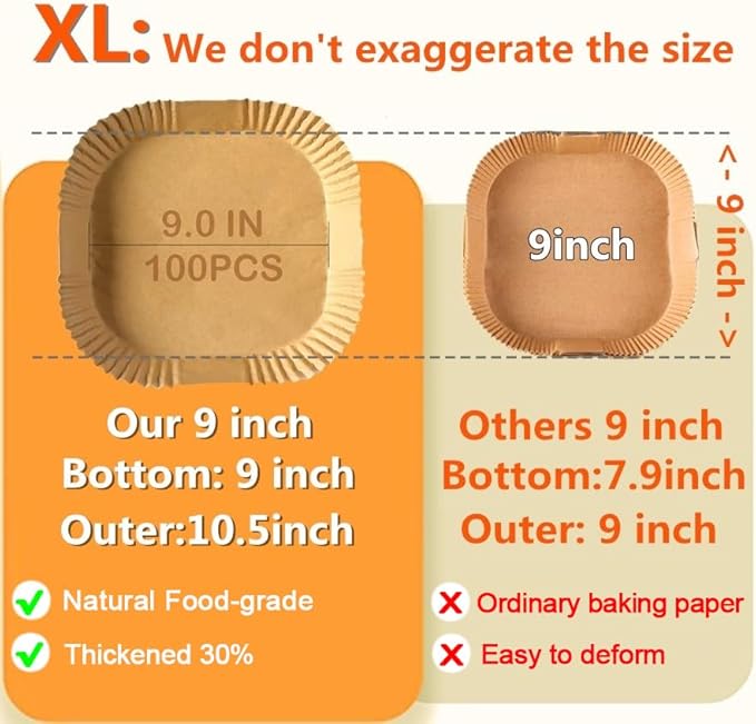Air Fryer Disposable Paper Liner, Natural Baking Parchment Paper Air fryer liners,Thickened Oil-Proof High Temperature,for Air Fryers,Ovens,Pan and Microwaves (9inch-XL-Thick, square-Brown)