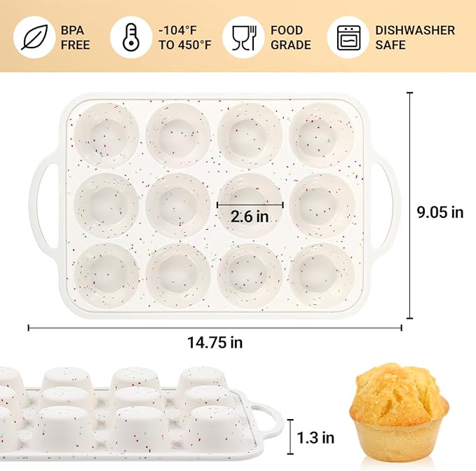 FUNBAKY Silicone Muffin Pans for Baking, Metal Reinforced Frame 12 Cups Regular Size Silicone Cupcake Pan Nonstick Muffin Tin for Baking Muffin, Cupcake, Frittatas,BPA Free, Dishwasher Safe