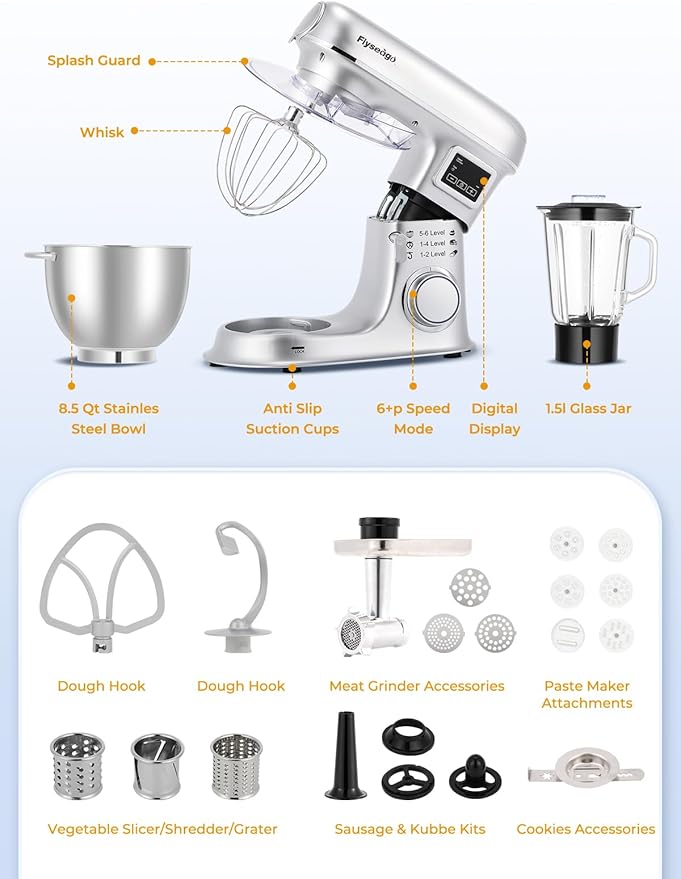 Stand Mixer 8-IN-1 8.5 Qt 2000W Multifunctional Fermentation Electric Kitchen Mixer 6 Speed Tilt-Head with Stainless Steel Bowl, 1.5L Glass Jar Meat Grinder Dough Hook Whisk Pasta Attachment