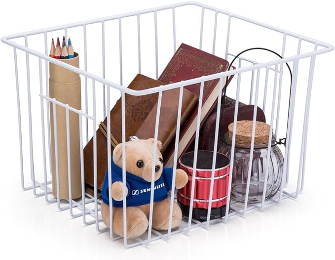 Slideep Freezer Baskets Storage Basket Organizers, Deep Wire Farmhouse Bins Container with Handles for Kitchen, Pantry, Cabinet, Car, Bathroom Pearl White, 4 Pack