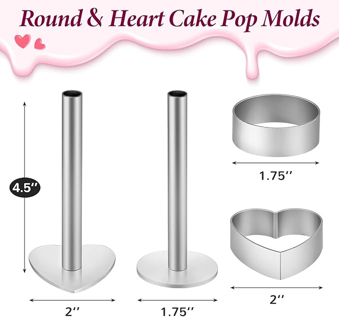 Webake Circle and Heart Cake Pop Cutter and Pusher, 304 Stainless Steel Cake Pop Molds, Easy Use, Non Toxic, Set of 4