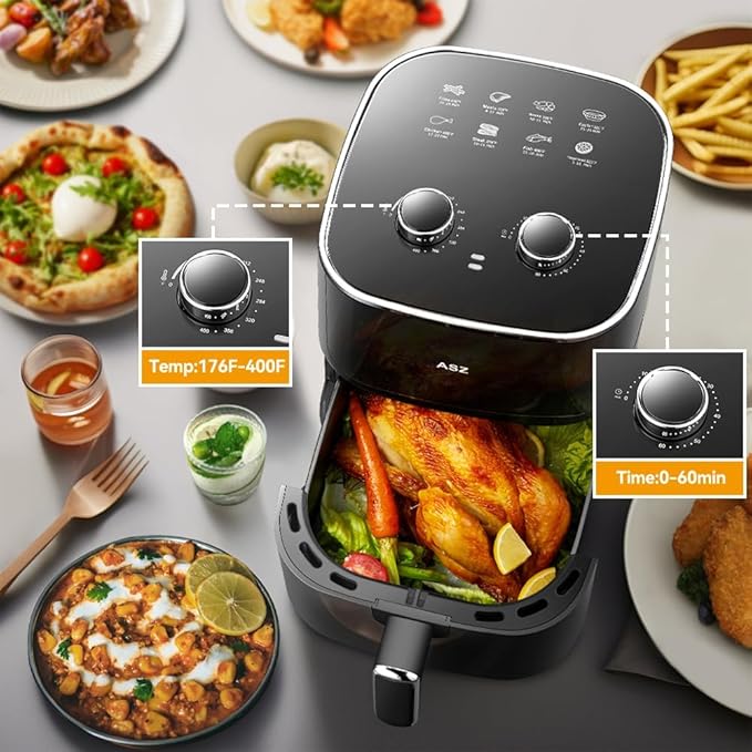ASZ 5qt Air Fryer Compact Knob Black for dorm office - 4.7L Airfryer with Window 1400W Visual Basket - Non-Stick Pan, Manuel Control Max 60s Timer & 400℉ Kitchen Airfry Countertop Gift