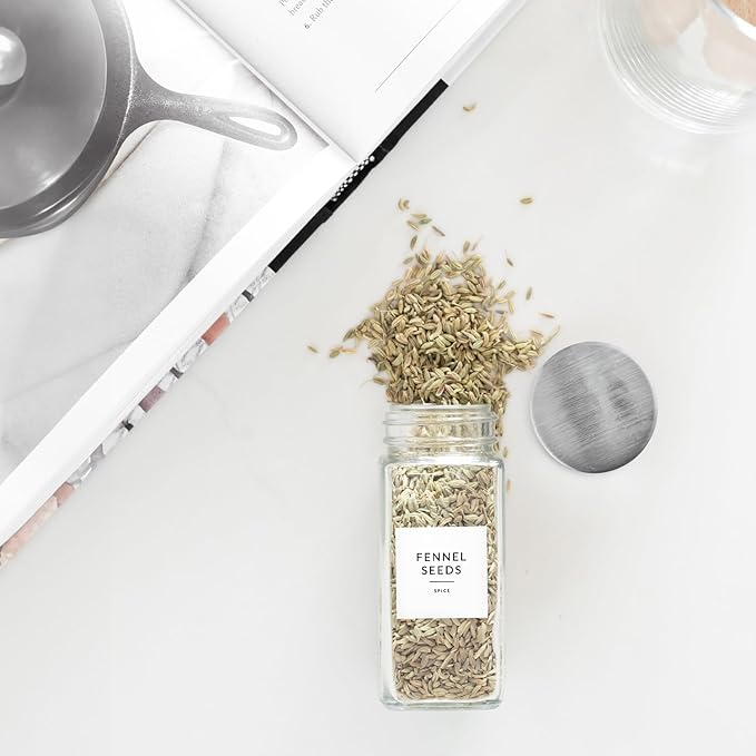 SAVVY & SORTED Glass Jars with 24PK 4oz Containers for Herbs and Seasonings – Includes Pepper Grinder, 374 Labels, Funnel, Shaker Lids & Empty Bottles