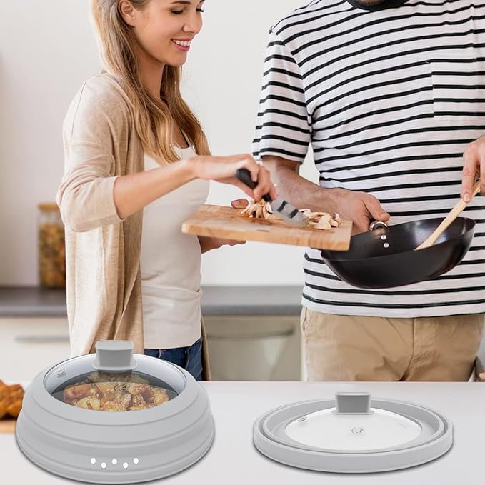 Microwave Splatter Cover Glass Cover Guard Lid with Collapsible Silicone for Food Pot Plate Cover 9.8 inch Light Grey