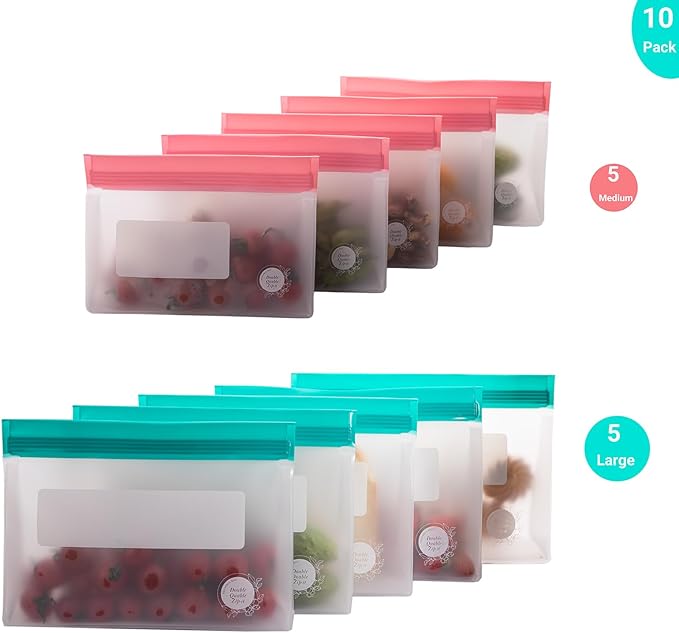 Reusable Silicone Food Storage Bags – 10-Pack Stand-Up, BPA-Free, Freezer, Dishwasher Safe, & Eco-Friendly– 5 L, 5 M Bags – Airtight Leakproof Sandwich, Snack, Travel & Make-Up baggies (Multicolor)