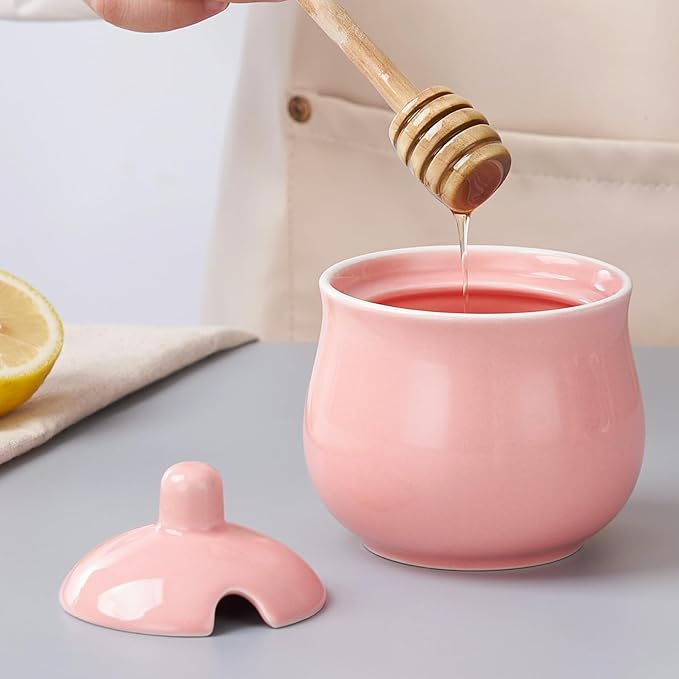 Ceramic Sugar Bowl with Lid and Spoon, Pink Porcelain Sugar Salt Pepper Storage Jar, 8 Ounces