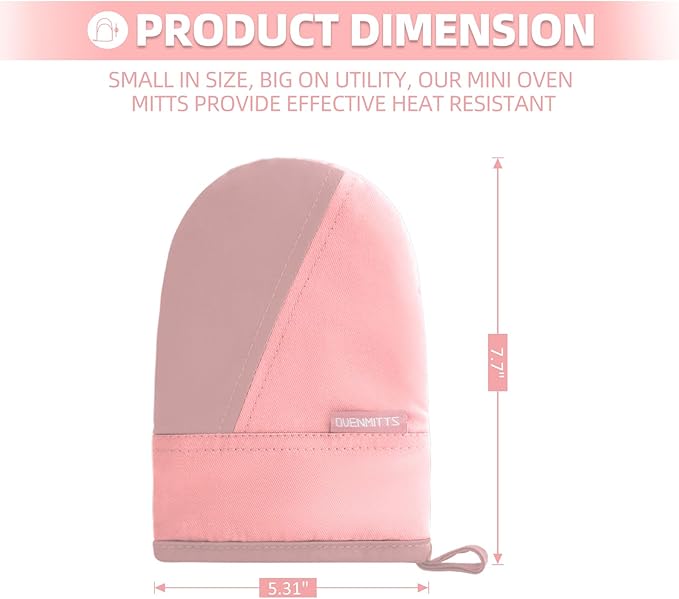 Mini Oven Mitts, Kitchen Oven Gloves Kitchen Mittens 500 Degrees Heat Resistant Baking Gloves, Non-Slip Silicone Surface with Hanging Loops Hot Gloves for Cooking, Baking, BBQ 1 Pair-Pink