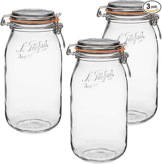 Le Parfait Super Jar, Canning Jars, 2L French Glass Canning Jar w/Round Body, Glass Jars w/Airtight Lid, Canning Jars Wide Mouth, Glass Jar With Lid, Clear Jar, Clear Glass Jars (64oz/2 Quarts, 3 pk)