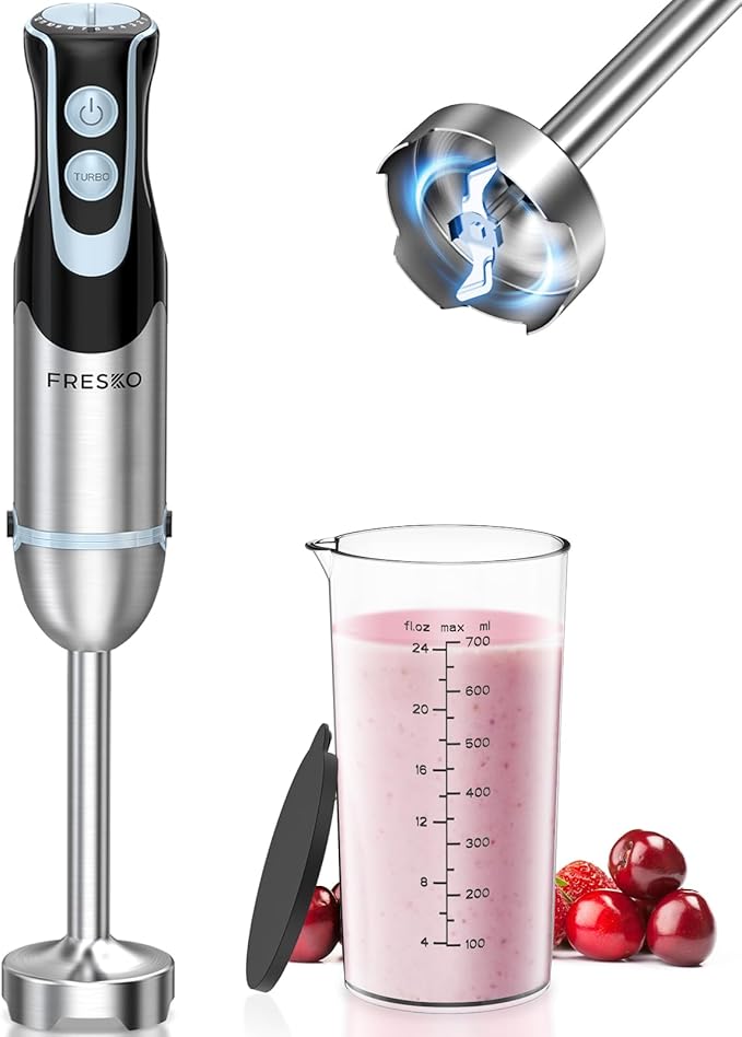 FRESKO Immersion Handheld Blender 500W with 700ml Beaker, 12-Speed & Turbo Mode Hand Blender Stick, 304 Stainless Steel Blades