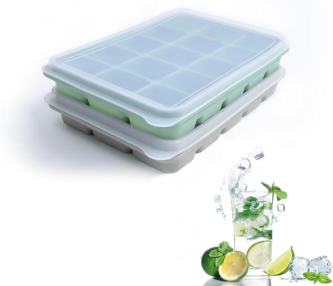 Ice Cube Trays Set of 2, Easy Release 15 Flexible Silicone Ice Cube Molds with Removable Lid Reusable Freezer Ice Trays Stackable for Whiskey, Baby Food, BPA Free (GREEN+GRAY)