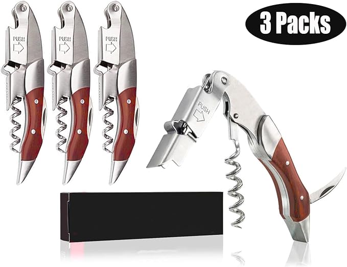 Professional Waiter Corkscrew Wine Key for Bartenders Set of 3,With Long Rosewood Handle Stainless Steel Handle Wine Opener for Bar Restaurant Waiters, Sommelier, Bartend (Rose Wood 3 Packs)